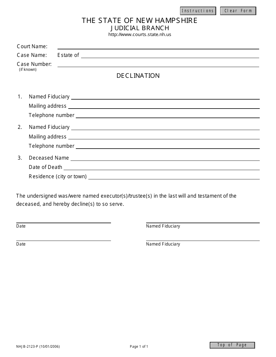 Form NHJB-2123-P Declination - New Hampshire, Page 1