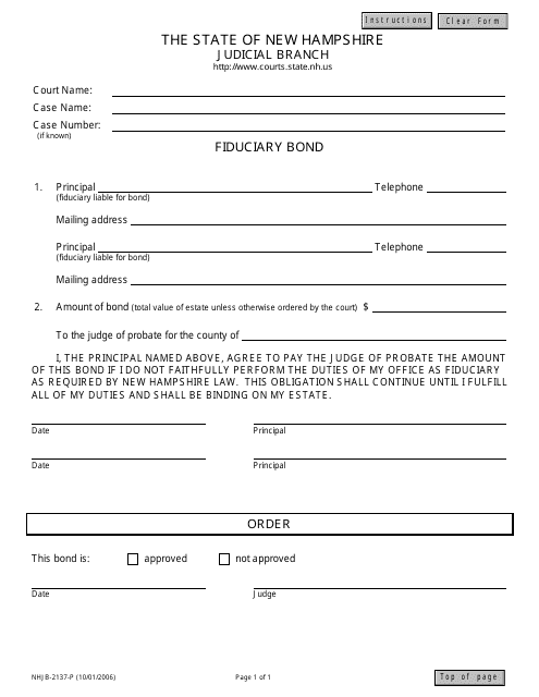Form NHJB-2137-P Fiduciary Bond - New Hampshire