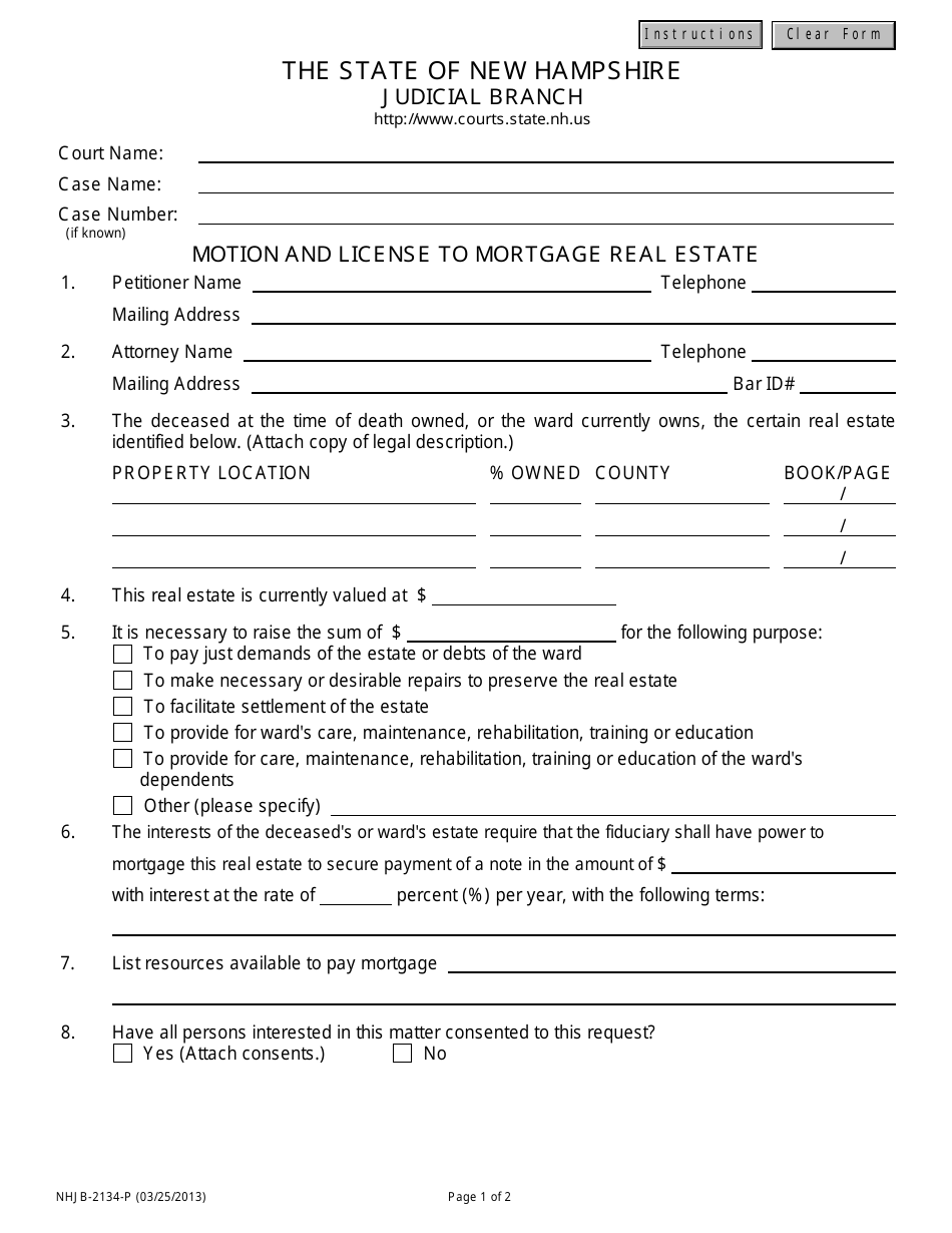 Form NHJB-2134-P Motion and License to Mortgage Real Estate - New Hampshire, Page 1