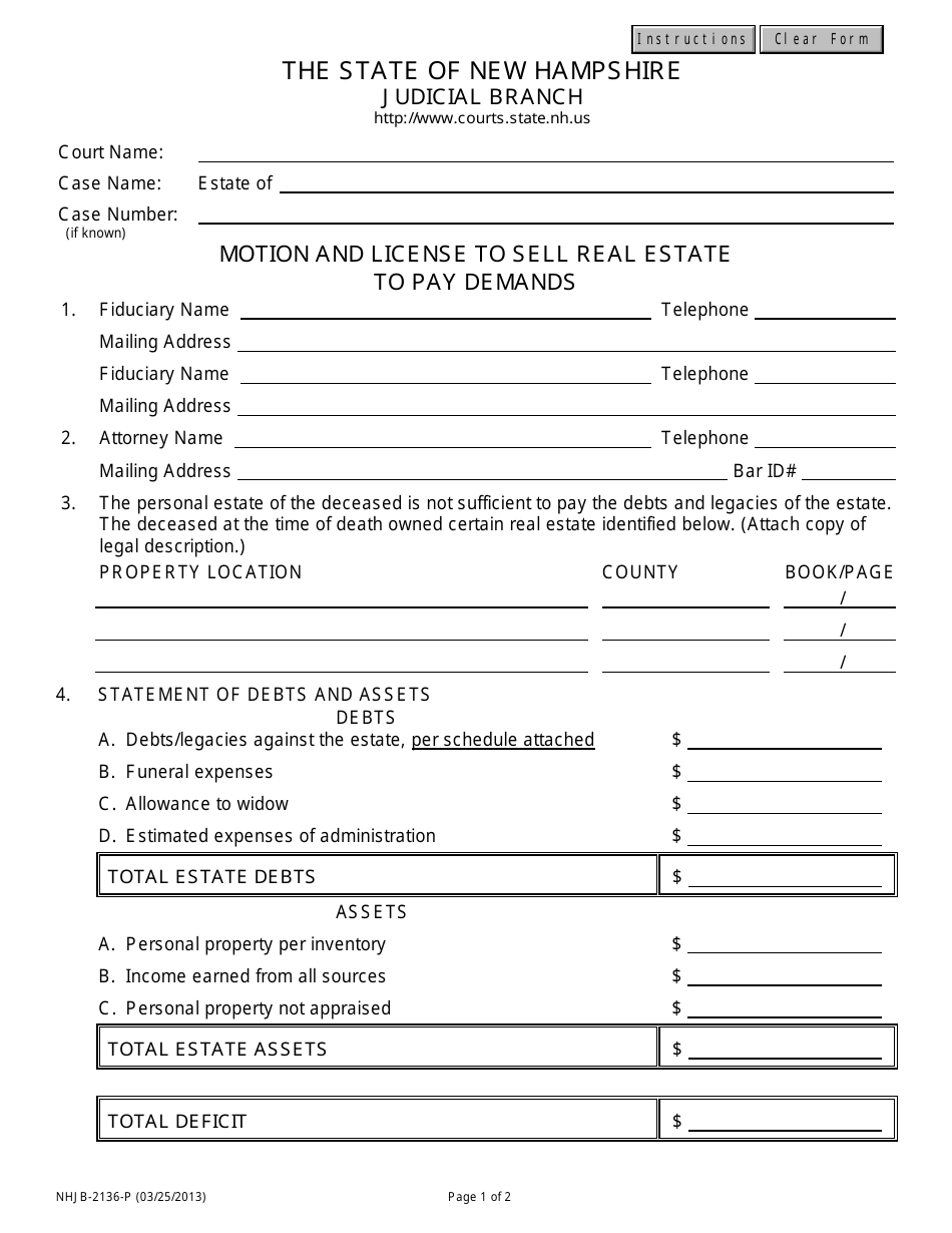 Form NHJB-2136-P Motion and License to Sell Real Estate to Pay Demands - New Hampshire, Page 1