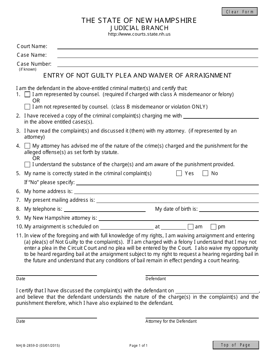 Form NHJB-2859-D Entry of Not Guilty Plea and Waiver of Arraignment - New Hampshire, Page 1
