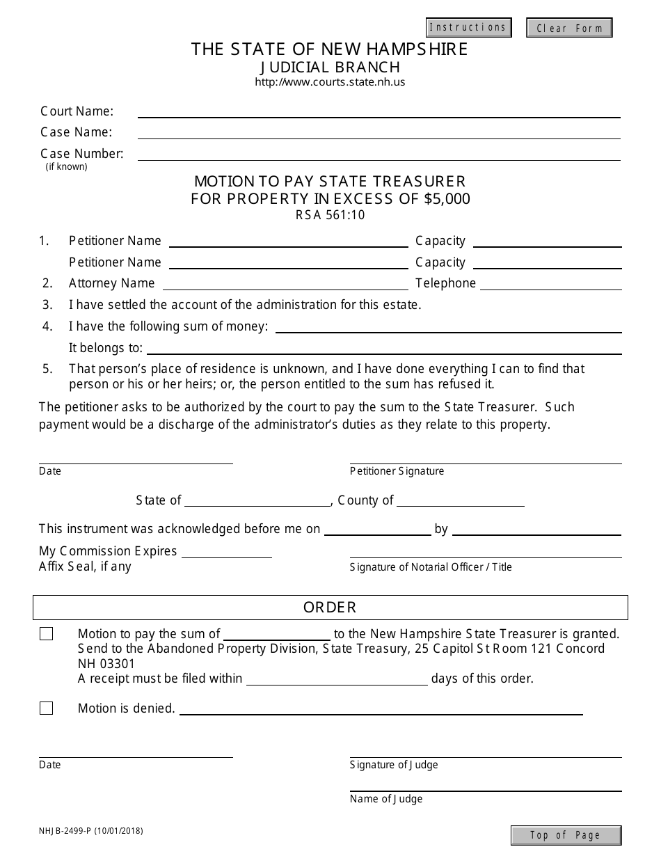 Form NHJB-2499-P Motion to Pay State Treasurer for Property in Excess of $5000 - New Hampshire, Page 1