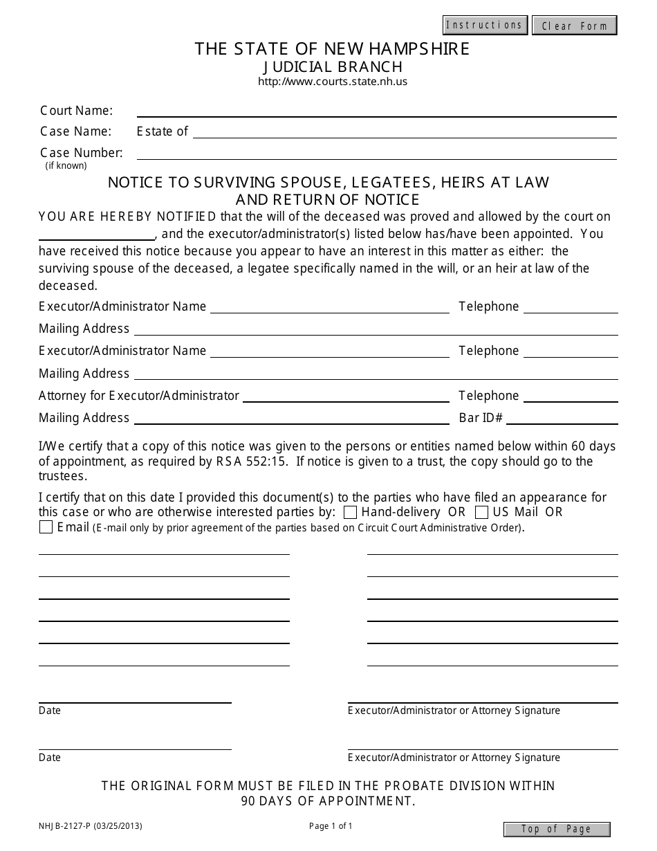 Form NHJB-2127-P Notice to Surviving Spouse, Legatees, Heirs at Law and Return of Notice - New Hampshire, Page 1