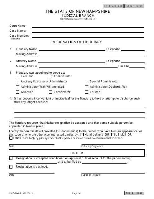 Form NHJB-2140-P Resignation of Fiduciary - New Hampshire