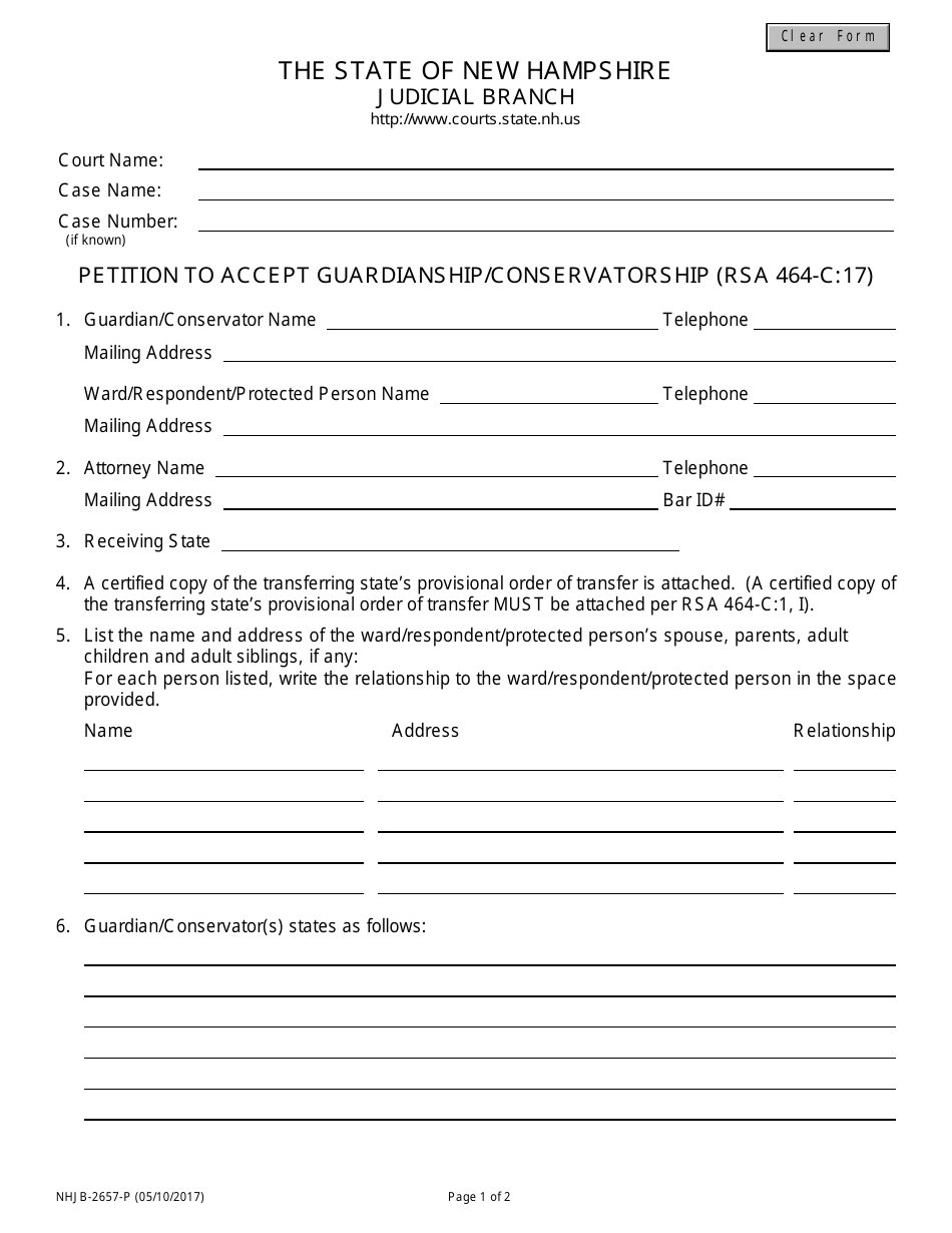 Form NHJB-2657-P Petition to Accept Guardianship / Conservatorship - New Hampshire, Page 1