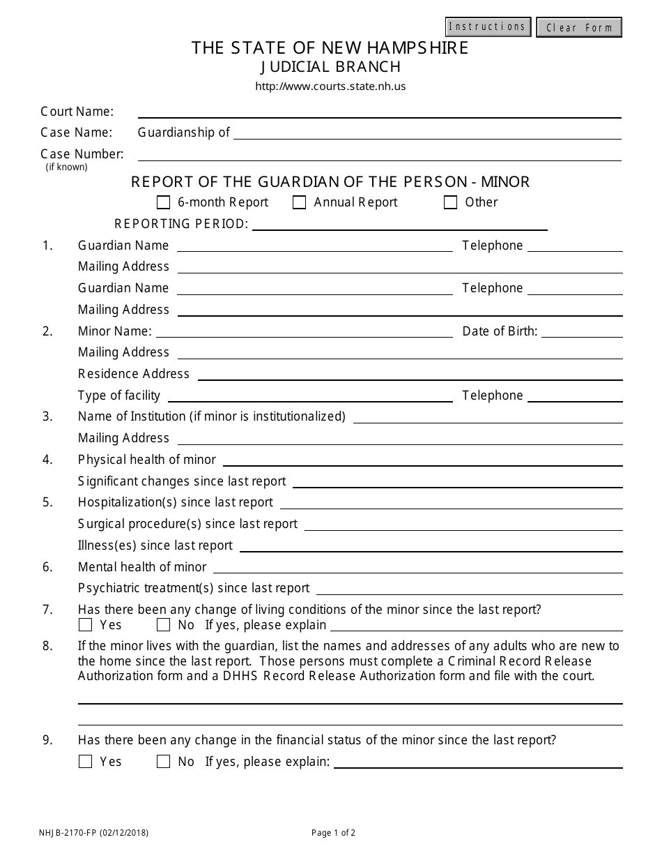 Form NHJB-2170-FP Report of the Guardian of the Person - Minor - New Hampshire, Page 1