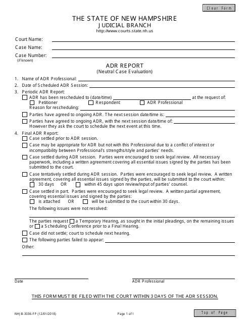Form NHJB-3036-FP Adr Report (Neutral Case Evaluation) - New Hampshire