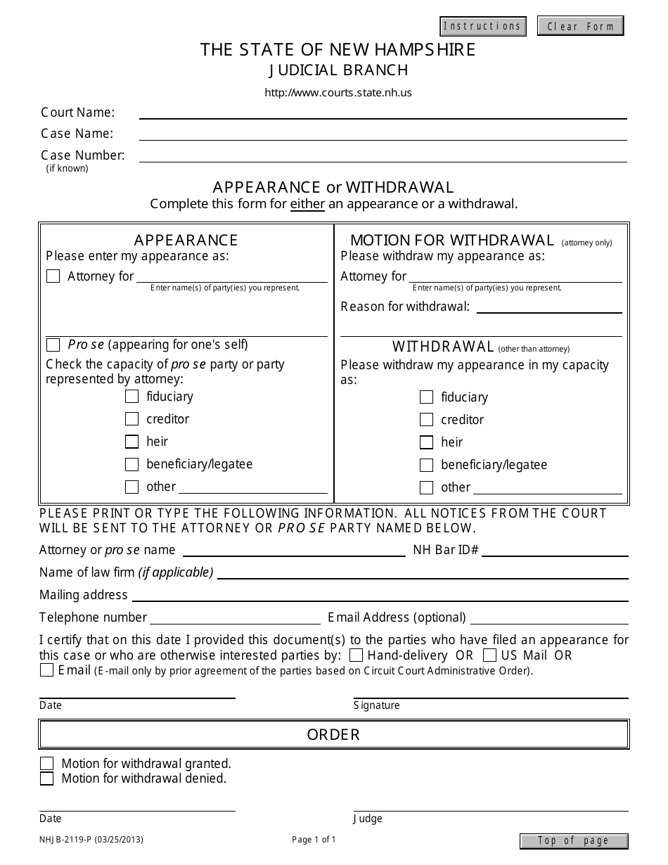 Form NHJB-2119-P Appearance or Withdrawal - New Hampshire, Page 1