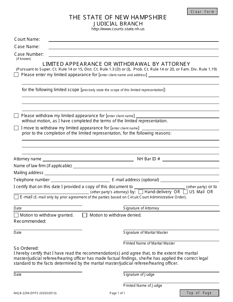 Form NHJB-2294-DFPS Limited Appearance or Withdrawal by Attorney - New Hampshire, Page 1