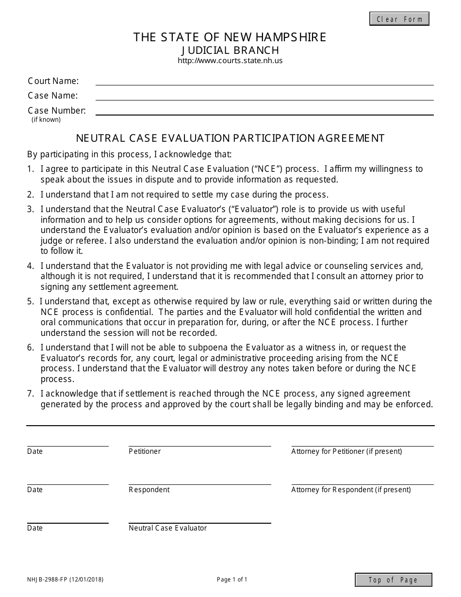 Form NHJB-2988-FP Neutral Case Evaluation Participation Agreement - New Hampshire, Page 1