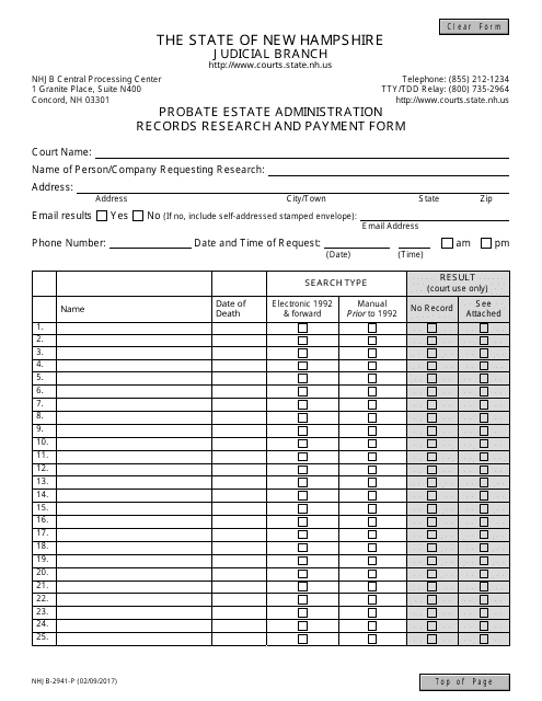Form NHJB-2941-P Probate Estate Administration Records Research and Payment Form - New Hampshire