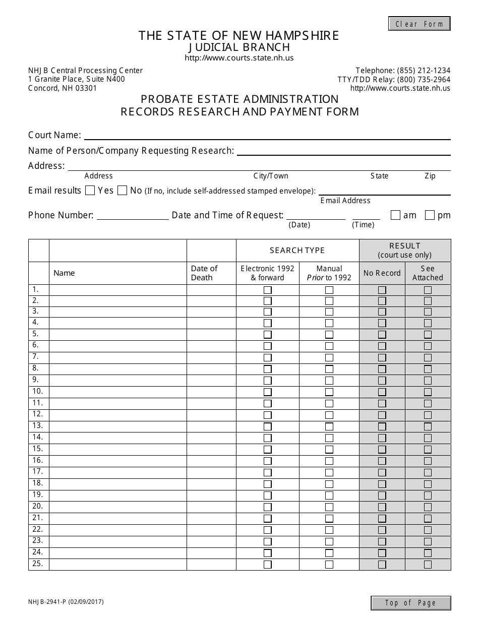 Form NHJB-2941-P Probate Estate Administration Records Research and Payment Form - New Hampshire, Page 1