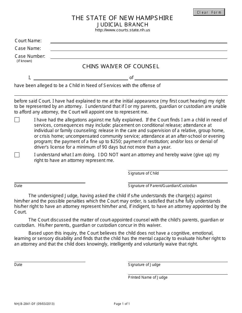 Form NHJB-2841-DF Chins Waiver of Counsel - New Hampshire, Page 1