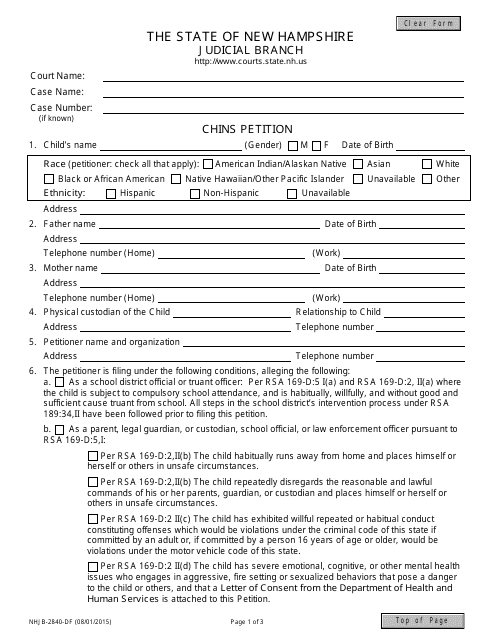 Form NHJB-2840-DF Chins Petition - New Hampshire