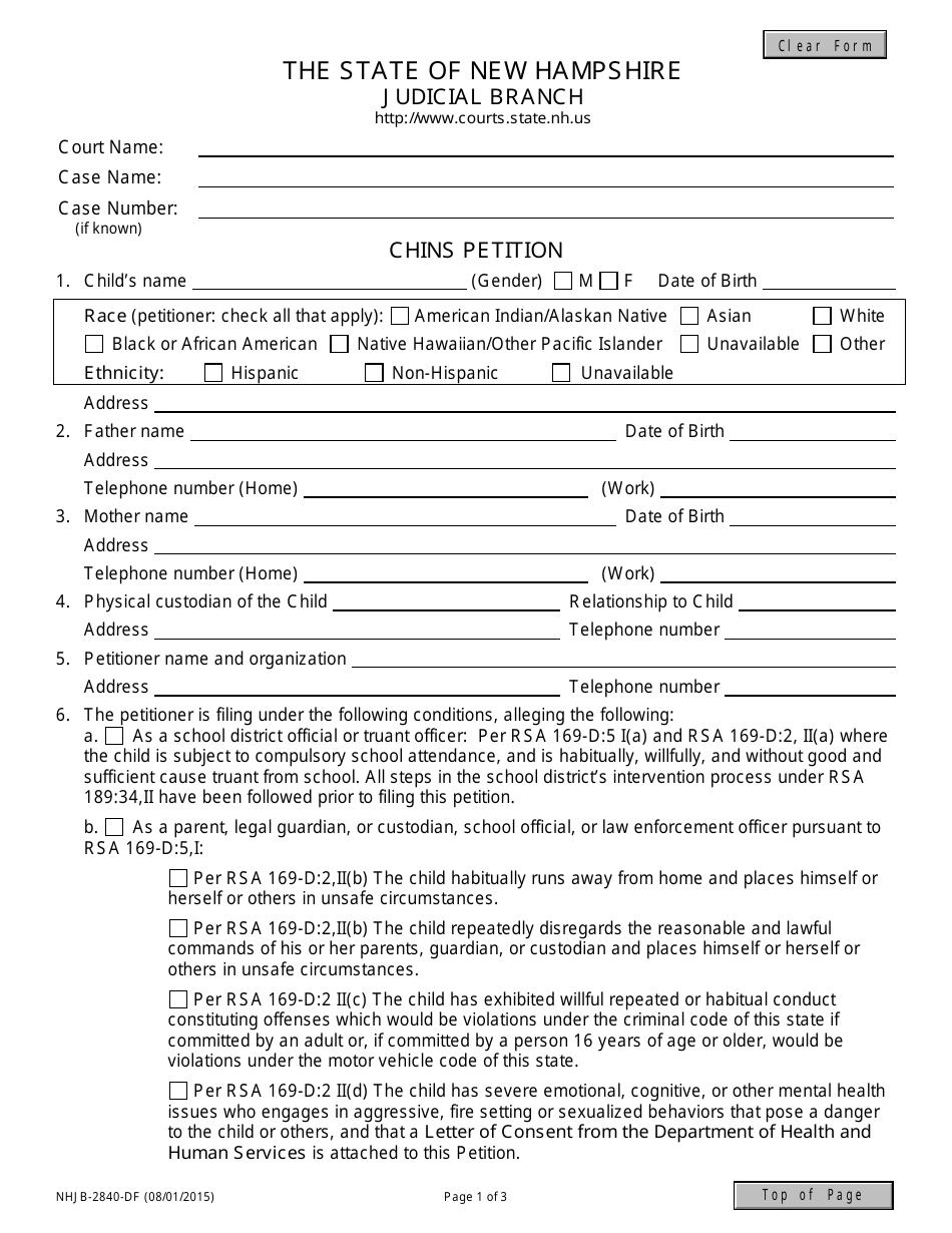 Form NHJB-2840-DF Chins Petition - New Hampshire, Page 1