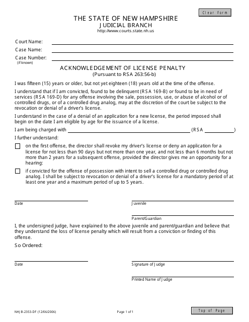 Form NHJB-2353-DF Acknowledgement of License Penalty - New Hampshire