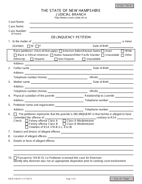 Form NHJB-2184-DF Delinquency Petition - New Hampshire