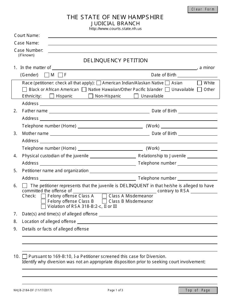 Form NHJB-2184-DF Delinquency Petition - New Hampshire, Page 1