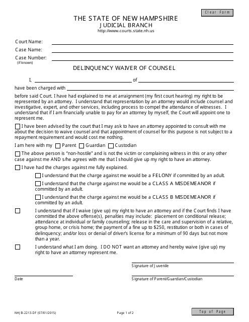 Form NHJB-2213-DF Delinquency Waiver of Counsel - New Hampshire