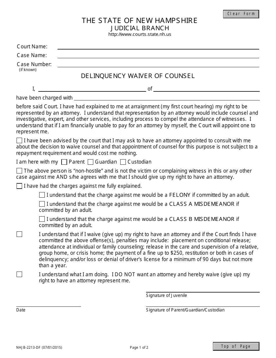 Form NHJB-2213-DF Delinquency Waiver of Counsel - New Hampshire, Page 1