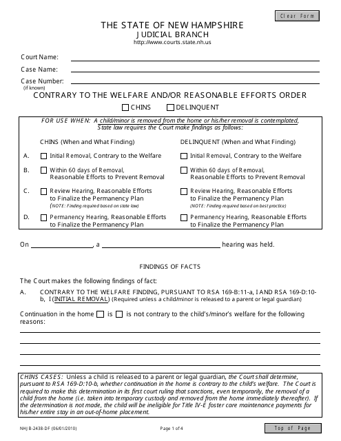 Form NHJB-2438-DF Contrary to Welfare and/or Reasonable Efforts Order Del/Chins - New Hampshire