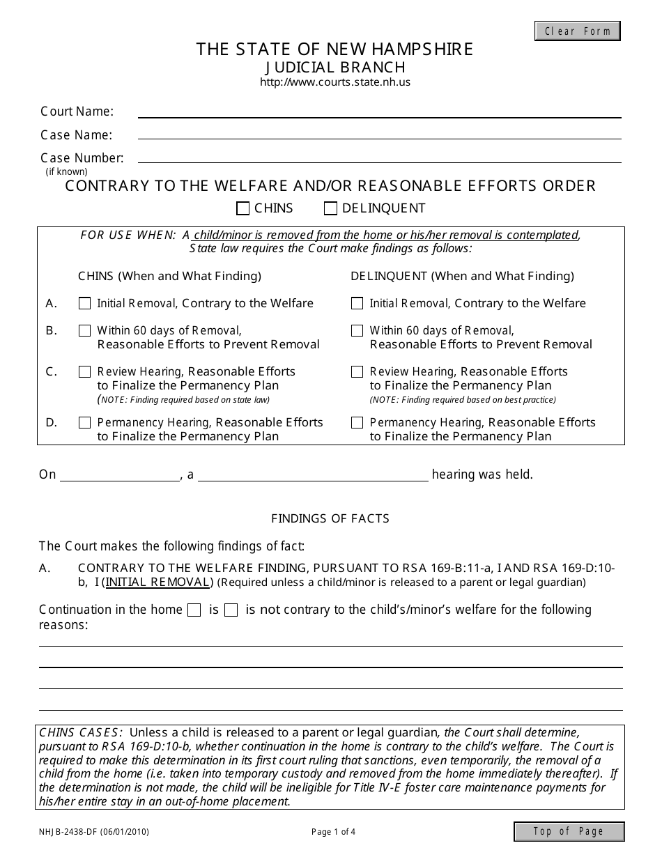Form NHJB-2438-DF Contrary to Welfare and / or Reasonable Efforts Order Del / Chins - New Hampshire, Page 1