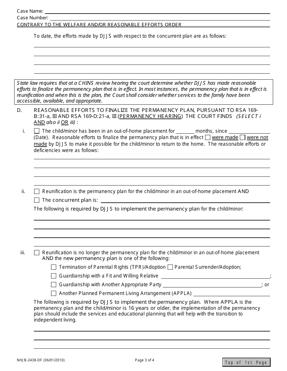 Form NHJB-2438-DF Contrary to Welfare and / or Reasonable Efforts Order Del / Chins - New Hampshire, Page 3