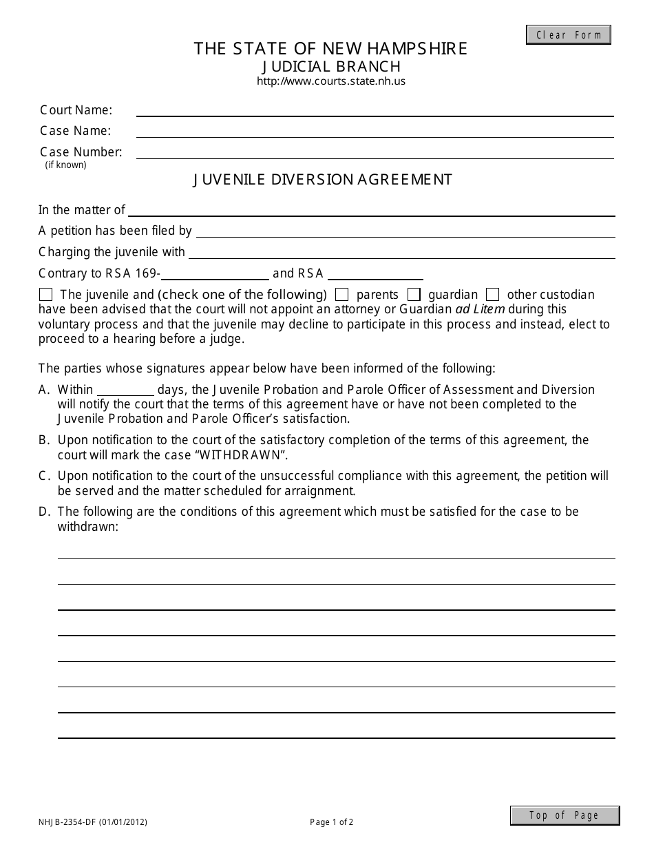 Form NHJB-2354-DF Juvenile Diversion Agreement - New Hampshire, Page 1