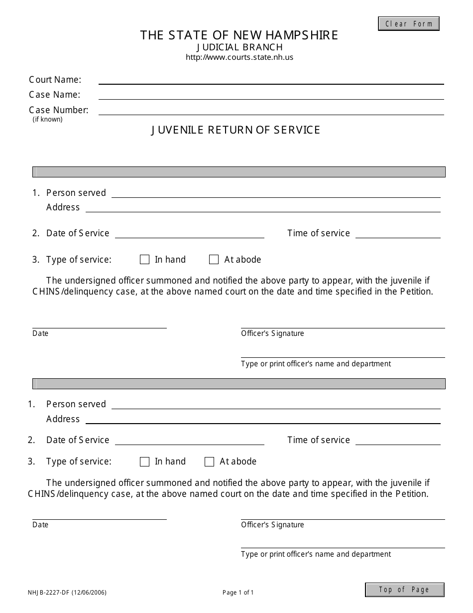 Form NHJB-2227-DF Juvenile Return of Service - New Hampshire, Page 1