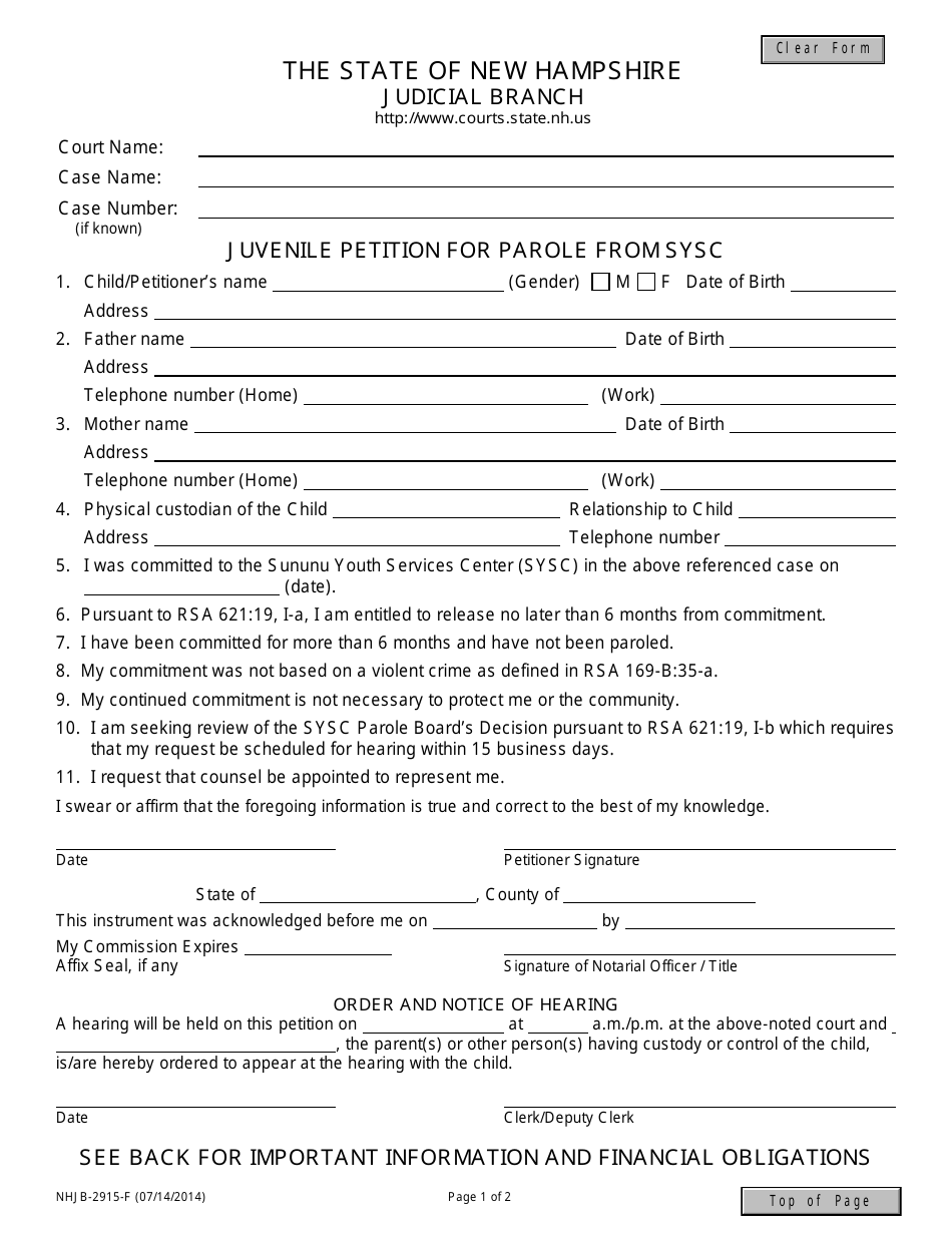 Form NHJB-2915-F Juvenile Petition for Parole - New Hampshire, Page 1