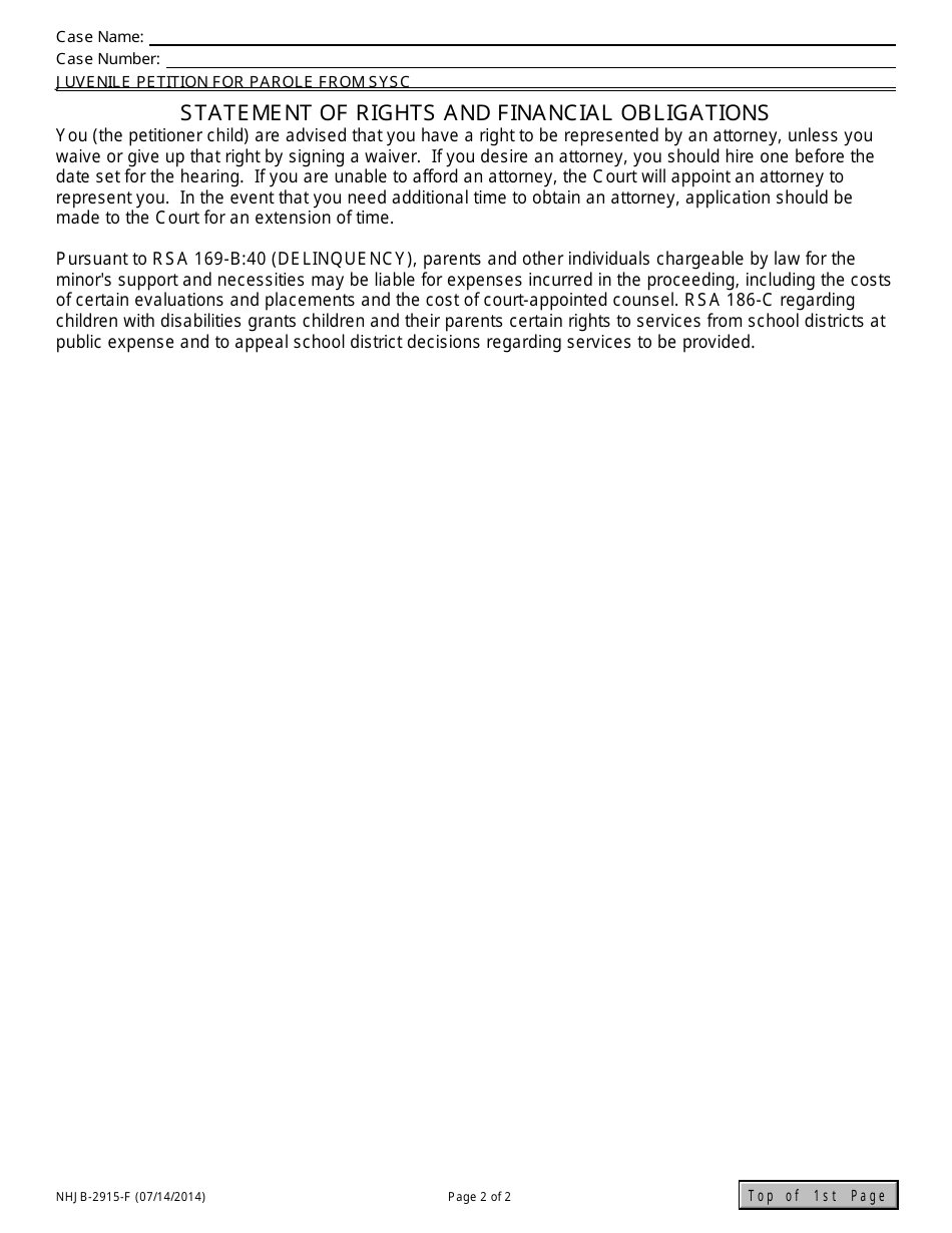 Form NHJB-2915-F Juvenile Petition for Parole - New Hampshire, Page 2