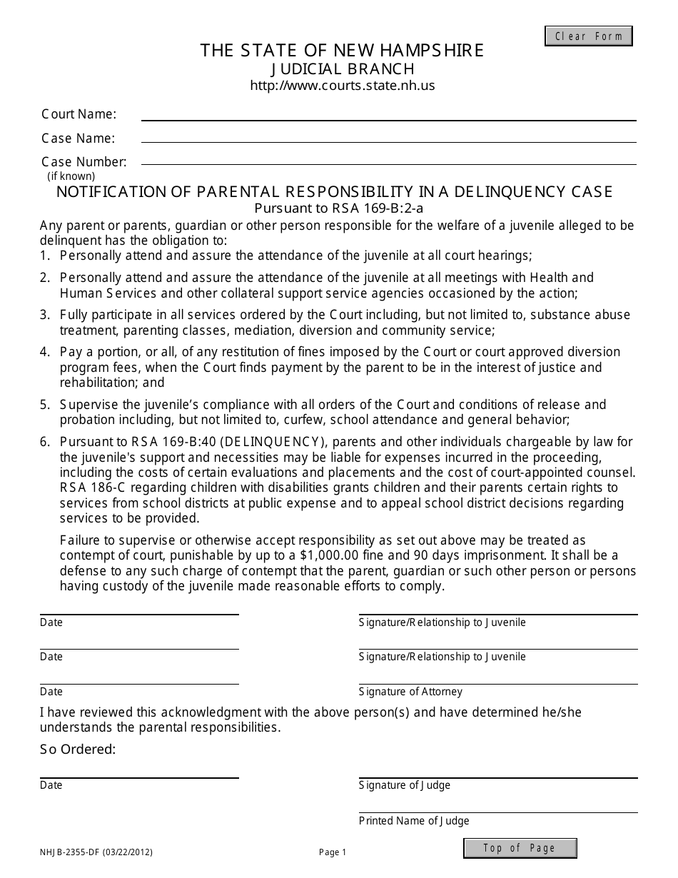 Form NHJB-2355-DF Notification of Parental Responsibility in Delinquency Case - New Hampshire, Page 1