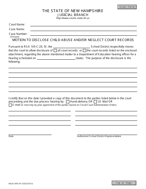 Form NHJB-2493-DF Motion to Disclose Child Abuse and/or Neglect Court Records - New Hampshire