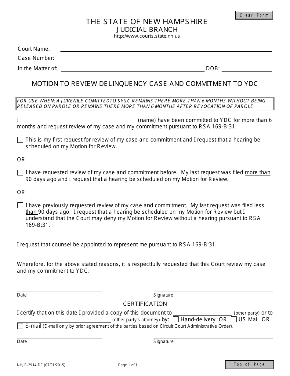 Form NHJB-2914-DF Motion to Review Delinquency Case and Commitment to Ydc - New Hampshire, Page 1