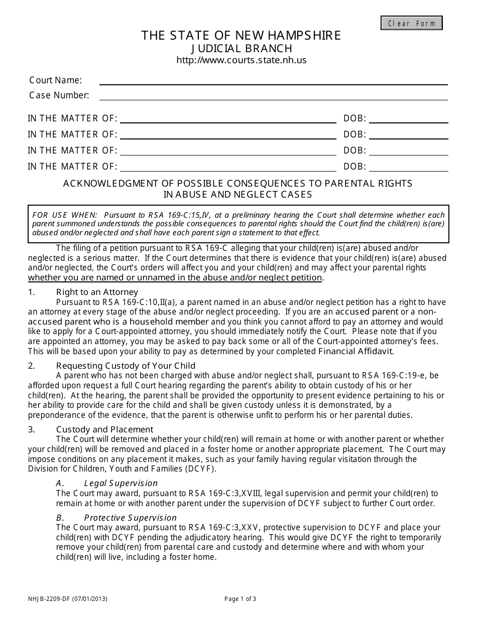 Form NHJB-2209-DF Acknowledgment of Possible Consequences to Parental Rights in Abuse and Neglect Cases - New Hampshire, Page 1