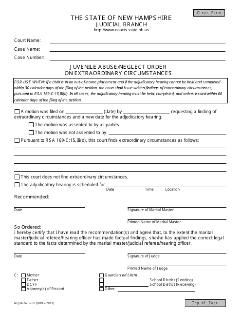 Form NHJB-2439-DF Juvenile Abuse/Neglect Order on Extraordinary Circumstances - New Hampshire