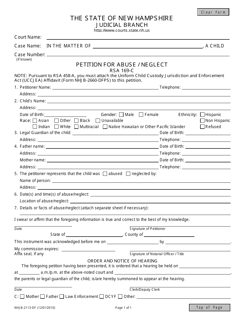 Form NHJB-2113-DF Petition for Abuse / Neglect - New Hampshire, Page 1