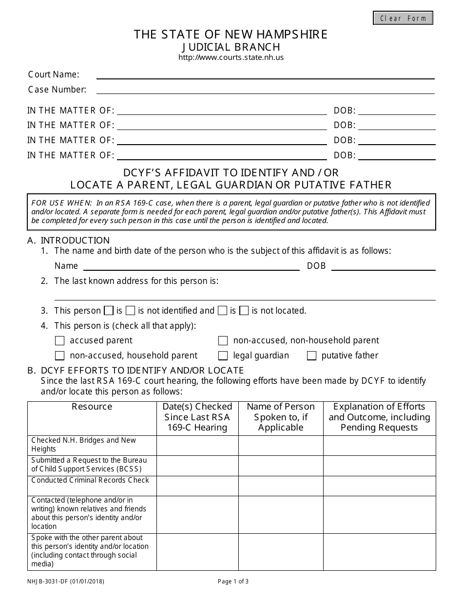 Form NHJB-3031-DF Affidavit to Identify and / or Locate a Parent, Legal Guardian or Putative Father - New Hampshire, Page 1