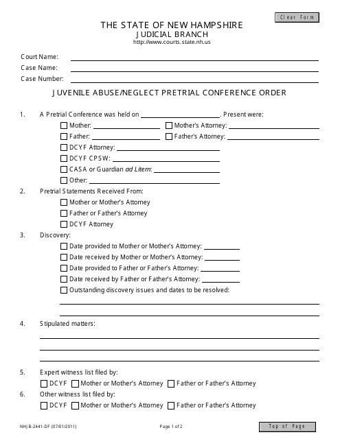 Form NHJB-2441-DF Juvenile Abuse/Neglect Pretrial Conference Order - New Hampshire
