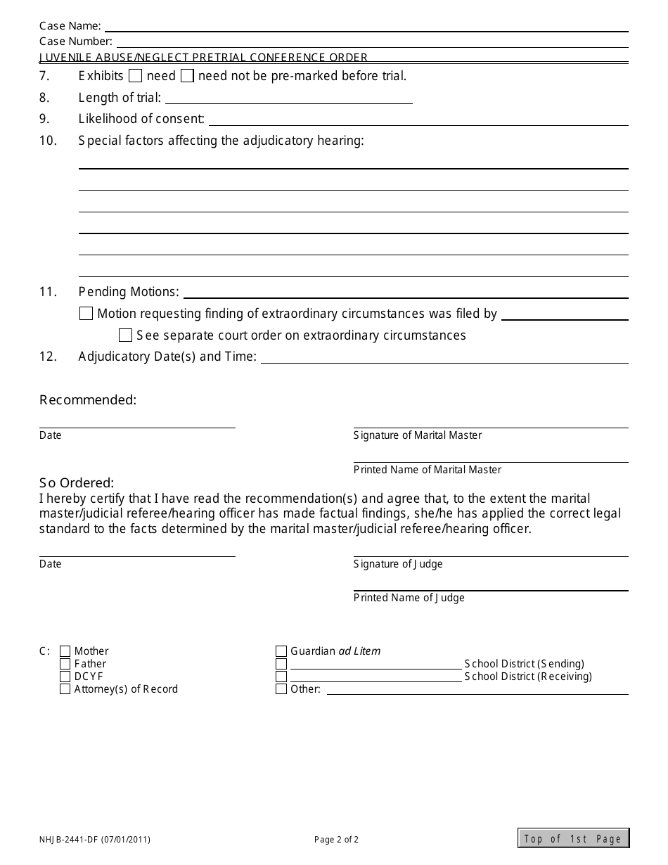 Form NHJB-2441-DF Juvenile Abuse / Neglect Pretrial Conference Order - New Hampshire, Page 2