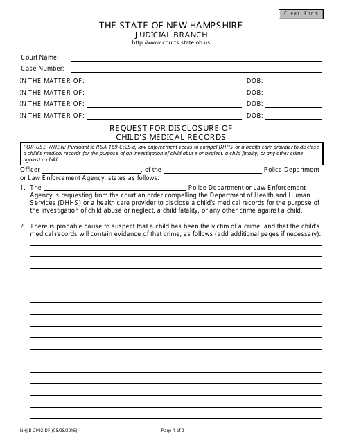 Form NHJB-2992-DF Request for Disclosure of Child's Medical Records - New Hampshire