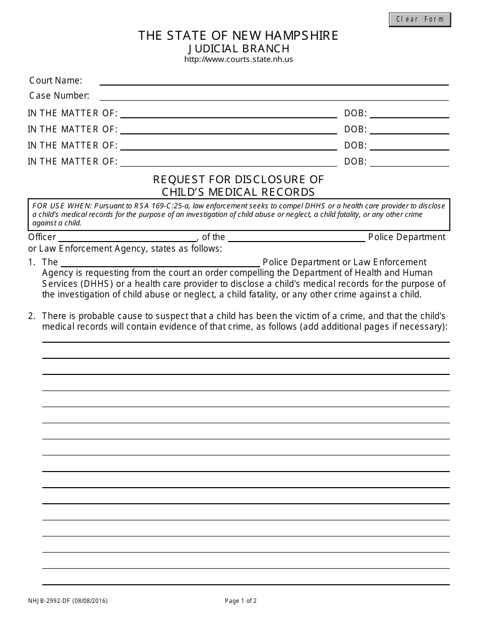Form NHJB-2992-DF Request for Disclosure of Childs Medical Records - New Hampshire, Page 1