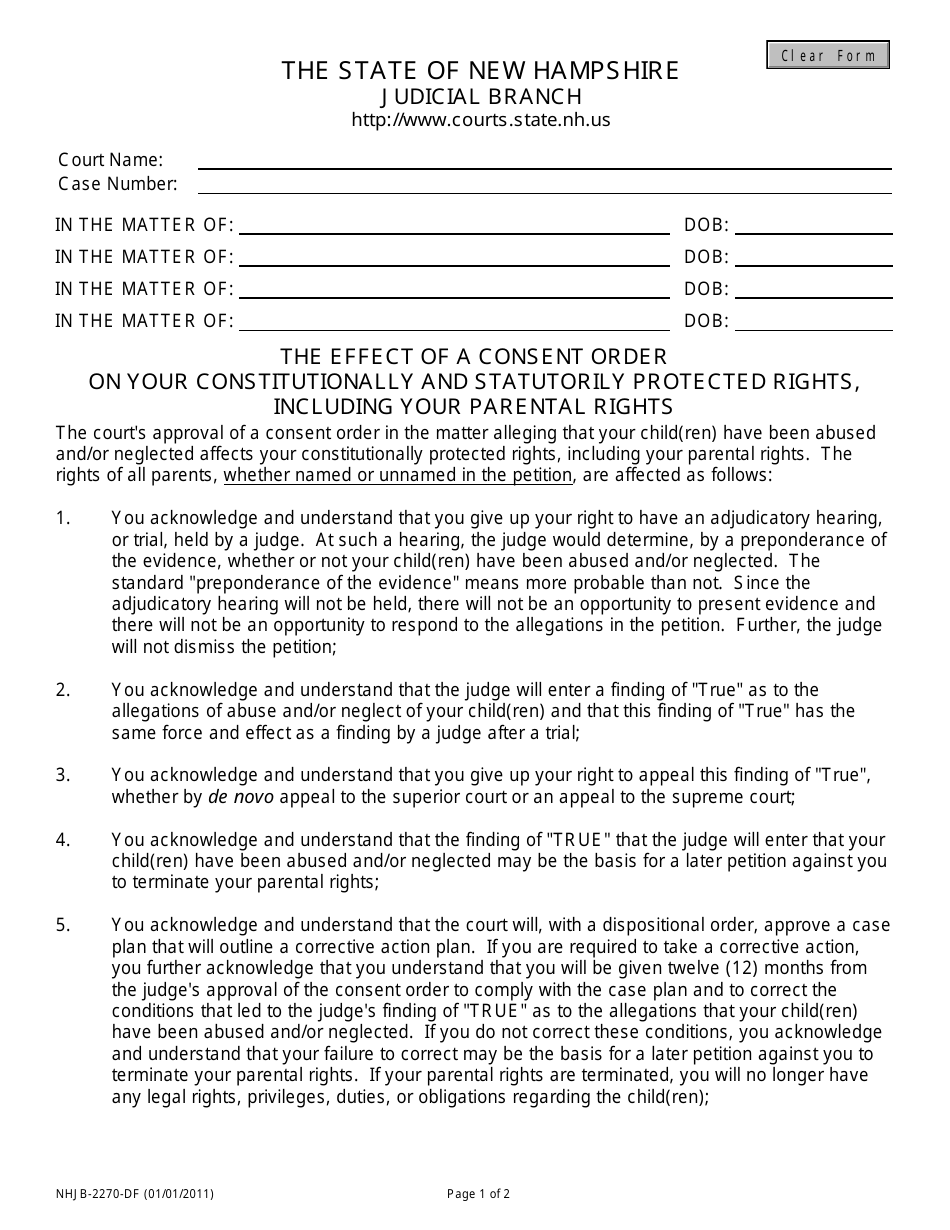 Form NHJB-2270-DF The Effect of a Consent Order on Your Constitutionally and Statutorily Protected Rights, Including Your Parental Rights - New Hampshire, Page 1
