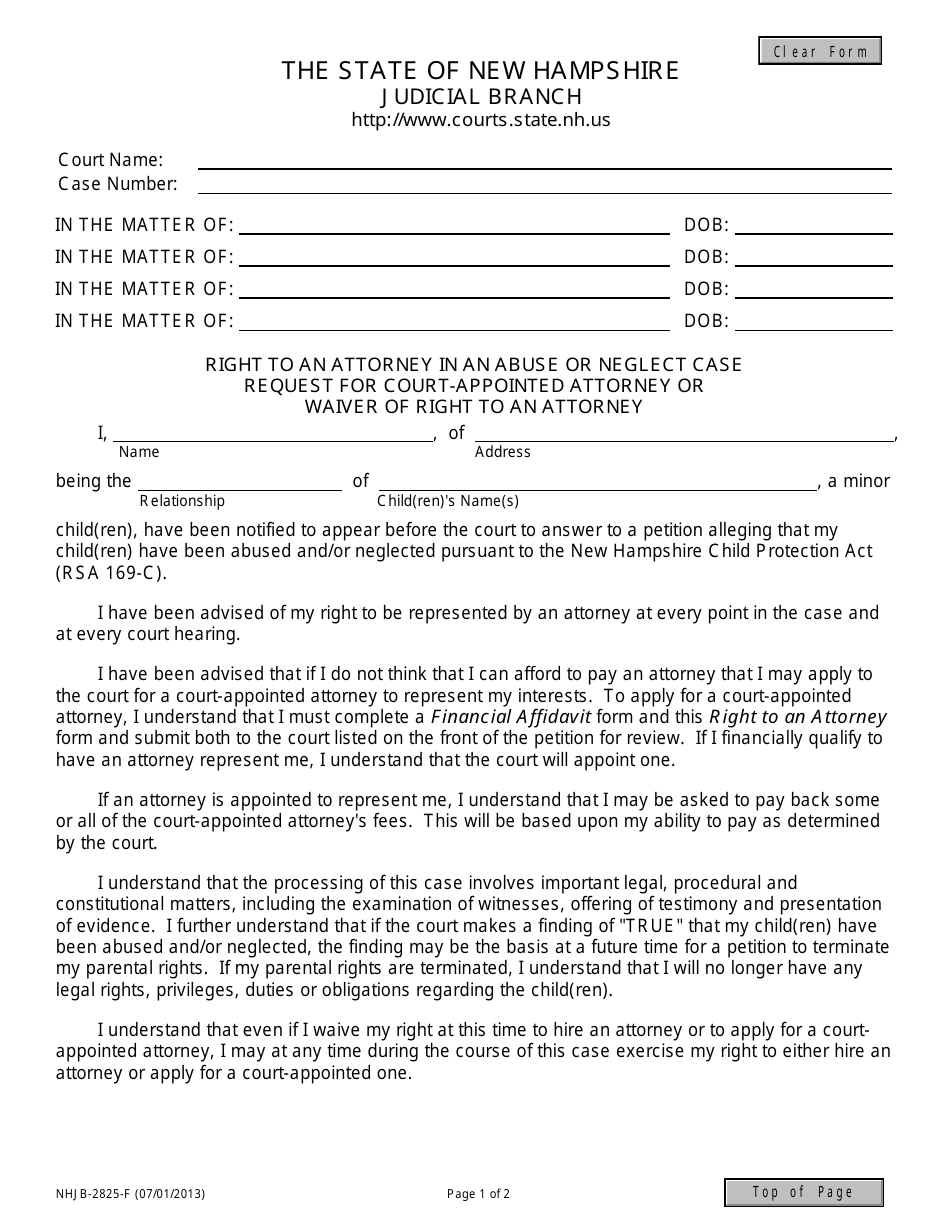 Form NHJB-2825-F Right to an Attorney in an Abuse / Neglect Case, Request for Court-Appointed Attorney or Waiver of Right to an Attorney - New Hampshire, Page 1