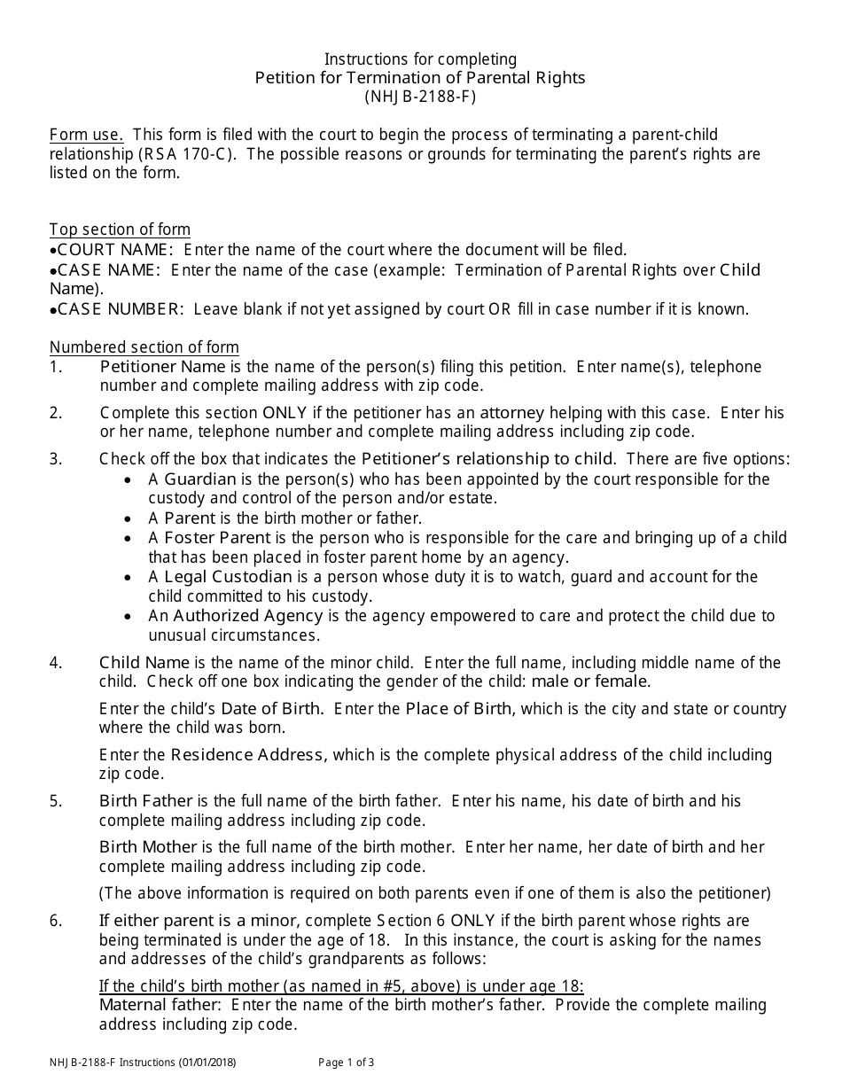 Instructions for Form NHJB-2188-F Petition for Termination of Parental Rights - New Hampshire, Page 1