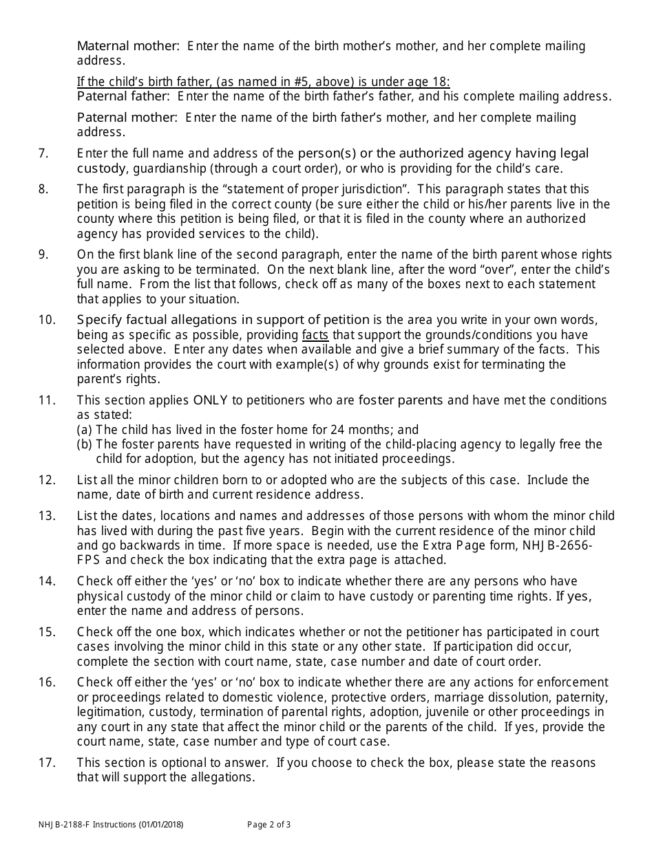 Instructions for Form NHJB-2188-F Petition for Termination of Parental Rights - New Hampshire, Page 2
