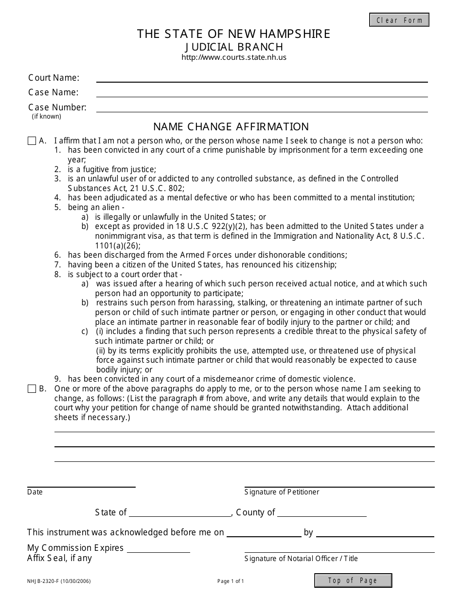 Form NHJB-2320-F Name Change Affirmation - New Hampshire, Page 1