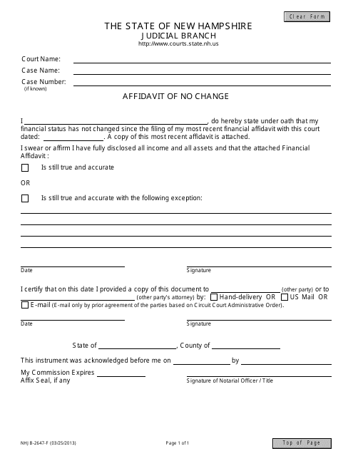 Form NHJB-2647-F Affidavit of No Change - New Hampshire