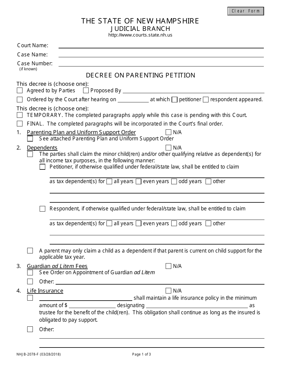 Form NHJB-2078-F Decree on Parenting Petition - New Hampshire, Page 1