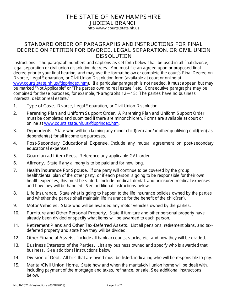 Instructions for Form NHJB-2071-F Final Decree on Divorce, Legal Separation, or Civil Union Dissolution - New Hampshire, Page 1